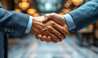 Business, partnership and people concept - close up of two businessmen shaking hands. - 762931787