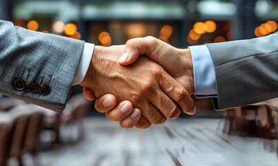 Business, partnership and people concept - close up of two businessmen shaking hands. - 762931788