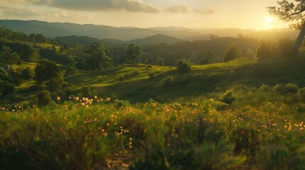 Sunset Serenity in the Hills, warm, glow, rolling, greenery, wildflowers, peace, natural, splendor, landscape, countryside, golden, hour, tranquil, beauty, scenic, pastoral, lush, vegetation, trees