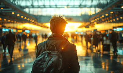 Young man with backpack in international airport. Travel and adventure concept. - 762931930