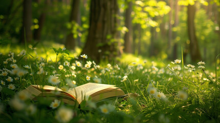 The pages of our books whisper softly in the gentle breeze as we lounge on the soft grass surrounded by towering pines and tweeting birds. - obrazy, fototapety, plakaty