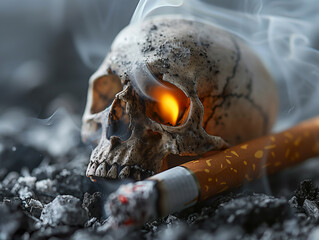 Close-up of a skull with a burning cigarette, symbolizing the fatal impact of smoking.  - obrazy, fototapety, plakaty