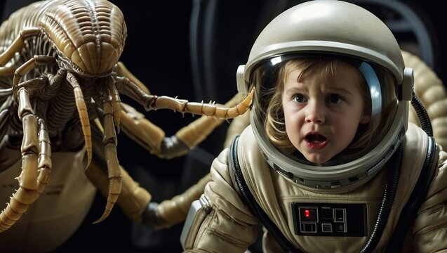  little girl wearing an spacesuit  frightened as she attacked by a facehugger alien