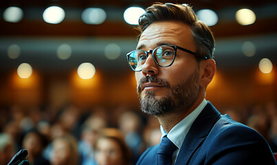 Portrait of a handsome middle-aged man in glasses and a suit at the conference hall. - obrazy, fototapety, plakaty