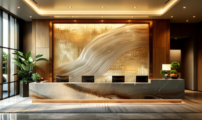 Interior of modern hotel lobby with wooden reception desk. - 762932373