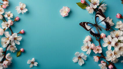 Obraz na płótnie Canvas Blue butterfly on flowers. Butterflies and flowers on blue background.