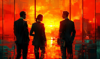Silhouettes of business people standing in front of the window of a modern office building. - 762932590