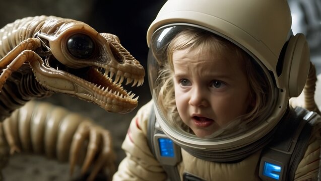  little girl wearing an spacesuit  frightened as she attacked by a facehugger alien