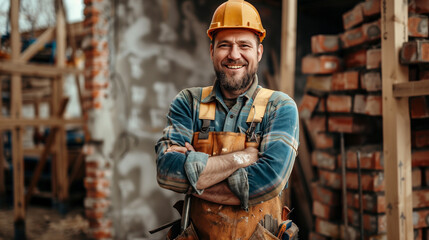Joyful Bricklayer in Enjoying Work at the Site. - 762932912