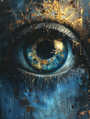 Title: Visionary Artwork: Close-up of an eye with abstract blue and golden paint splatters
