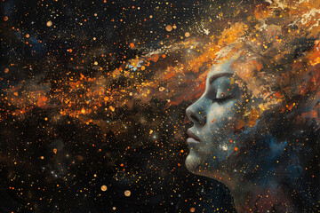 Title: Abstract Cosmic Essence: Artistic depiction of a woman's profile blending with the universe
