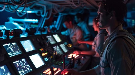 The control panel is a hub of activity as the captain and crew work together to set sail their focused expressions illuminated by the soft glow of the panels screens. - obrazy, fototapety, plakaty