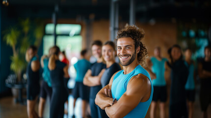 Male Fitness Trainer Smiling in Modern Gym Setting.