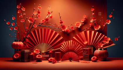 Asian festive background with red decorations paper fans and branches of cherry blossoms with vibrant red flowers. Japanese style, Chinese style 