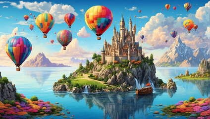 A castle on an island with hot air balloons.
