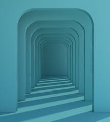 Abstract Architecture interior design. 3d rendering of blue corridor Building. Modern Geometric Wallpaper. walking way with blue background, light and shadow of building