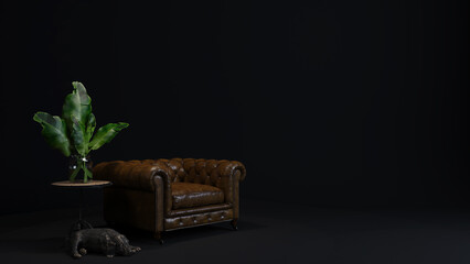 Interior living dark room with a potted plant, black wall with standing lamp decoration, 3d rendering mock up, classic luxury style.