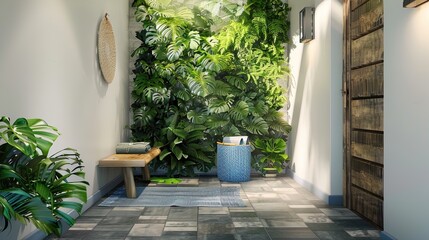 Inviting entryway with lush vertical garden and natural wood elements.