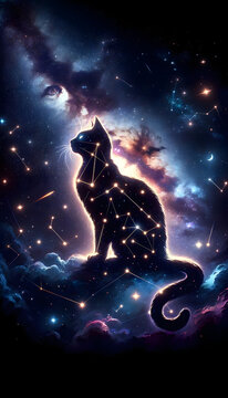 the digital artwork visualizing the 'Cosmic Conundrum of the Cat Constellation'. This captivating night sky scene presents a constellation that outlines the form of a cat