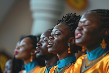 Obraz premium African American Women Gospel Choir Singing and Praising with Passion and Joy in Colorful Robes, Clapping and Raising Hands in Ecstatic Celebration during a Vibrant Church Service.