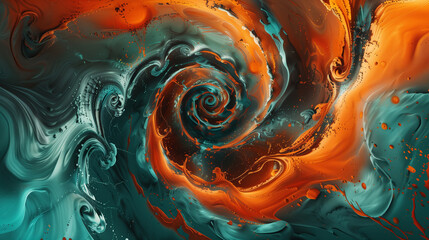 Turquoise and Orange Acrylic Paint Swirl. - obrazy, fototapety, plakaty