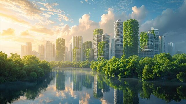 Ecological futuristic green city, lush greenery, trees, buildings, eco-friendly and sustainable development concept, protection of environment, AI generated image