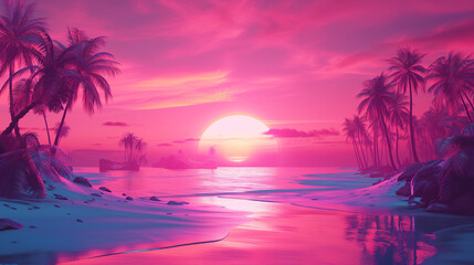 Fototapeta na wymiar Retrowave Scape with Sunset and Palm Silhouettes.