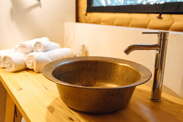 sink. Bathroom interior in glamping. shower and toilet in the campsite.