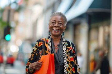 Middle aged senior black woman portrait against city street blurred background, happy smiling active African American elderly lady in vivid clothes walking doing shopping, AI generative