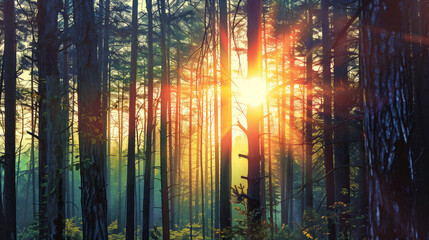 Sunset Through the Trees in a Green Forest.