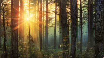 Sunset Through the Trees in a Green Forest.