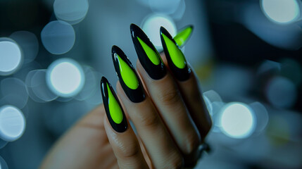 Green and Black Nails with a Glossy Finish. - 762935917