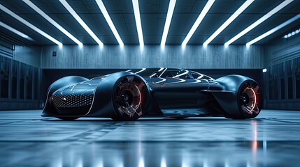 Luxury fast black sports car, futuristic vehicle in neon light, AI generated