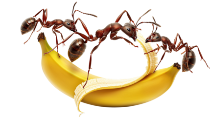 teamwork, 3 ants help each other to lift a peeled banana. Can easily climb above your head. On a transparent background PNG Ai is generated