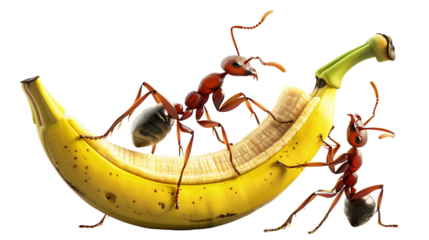 teamwork, 3 ants help each other to lift a peeled banana. Can easily climb above your head. On a transparent background PNG Ai is generated
