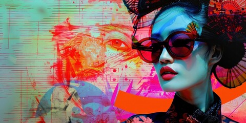 Vibrant Portrait of a Stylish Woman in Sunglasses with a Colorful and Abstract Background, Featuring a Beautiful Flower in Her Hair and Captivating Gaze towards the Camera