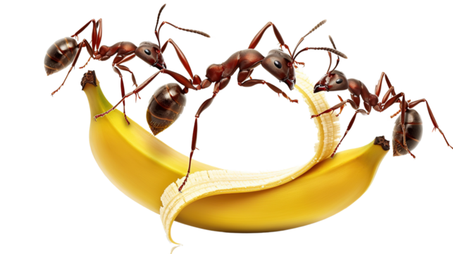 teamwork, 3 ants help each other to lift a peeled banana. Can easily climb above your head. On a transparent background PNG Ai is generated