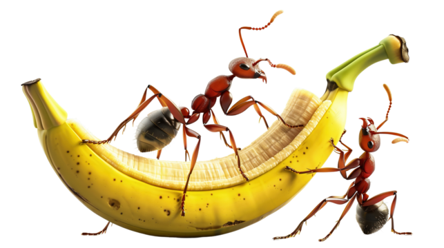 teamwork, 3 ants help each other to lift a peeled banana. Can easily climb above your head. On a transparent background PNG Ai is generated