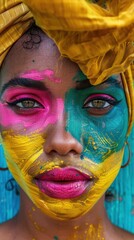 Close-up portrait of a beautiful young african woman with multicolored face paint