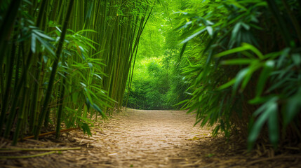 Bamboo Path Leading through a Lush Green Forest.