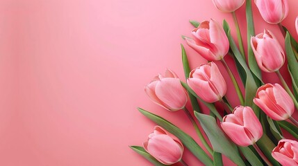 Pink tulips on pink background. Top view with copy space for inspirational motivation quote.