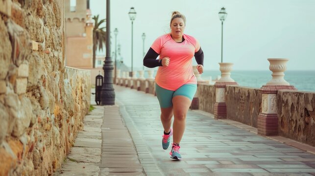 An overweight woman jogging on the promenade, coastal background. Weight loss concept
