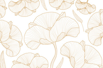 Golden tropical leaf line art wallpaper background vector. Natural monstera and banana leaves pattern design in minimalist linear.	