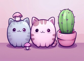 Three Cute Cats Sitting Near Cactus
