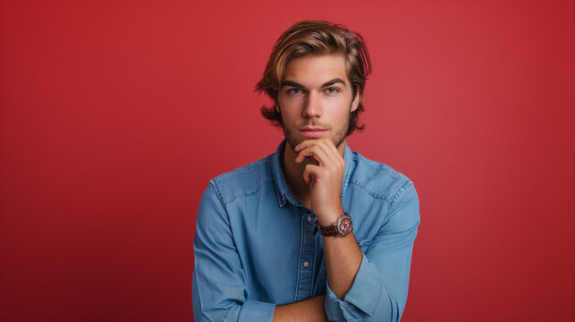 Portrait of pensive young european man with fair hair, wearing blue shirt, holding hand on chin, looking at camera, thinking, standing on red color background professional photography.