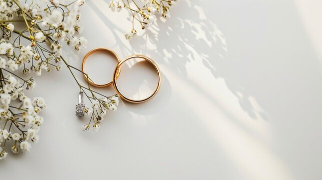 wedding rings and gypsophila flowers on white background. Minimalist werdding invitation.