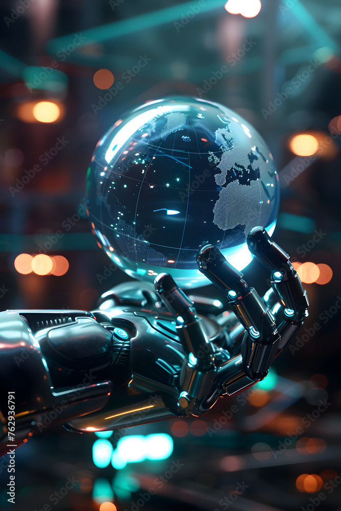 Wall mural robot touching a computer screen with the icons shown on it, in the style of intertwined networks.