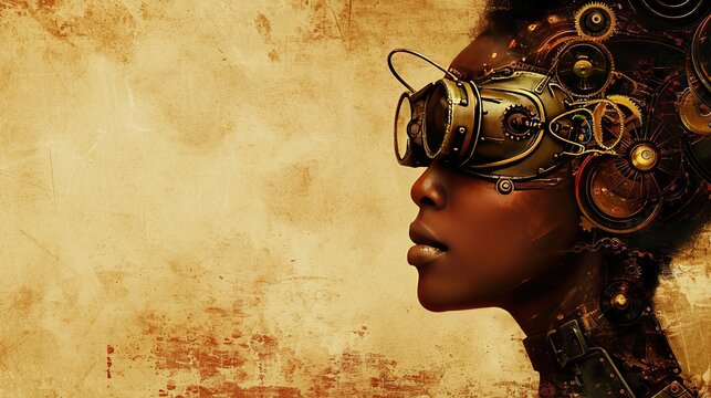 Abstract steampunk background with woman portrait, gears, pipes, mechanisms and wheels, textured backdrop in sci-fi grunge style, AI generated
