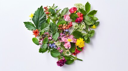 Heart shape made of colorful flowers and green leaves on white background. Flat lay, top view.