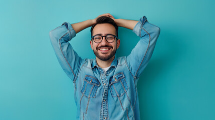 Portrait of satisfied good-looking european male in glasses and denim shirt, holding hands behind head, smiling broadly and gazing at camera with pleased expression, standing on teal color background - obrazy, fototapety, plakaty